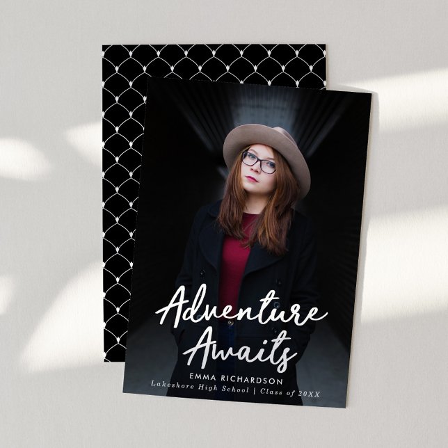 Adventure Awaits Black Photo Graduation Announcement (Creator Uploaded)