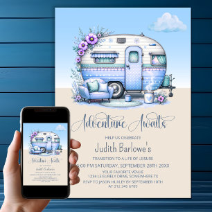 Adventure Awaits Blue Caravan Retirement Party Invitation