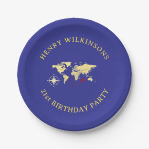 Adventure Awaits Blue Gold 21st Birthday Plates