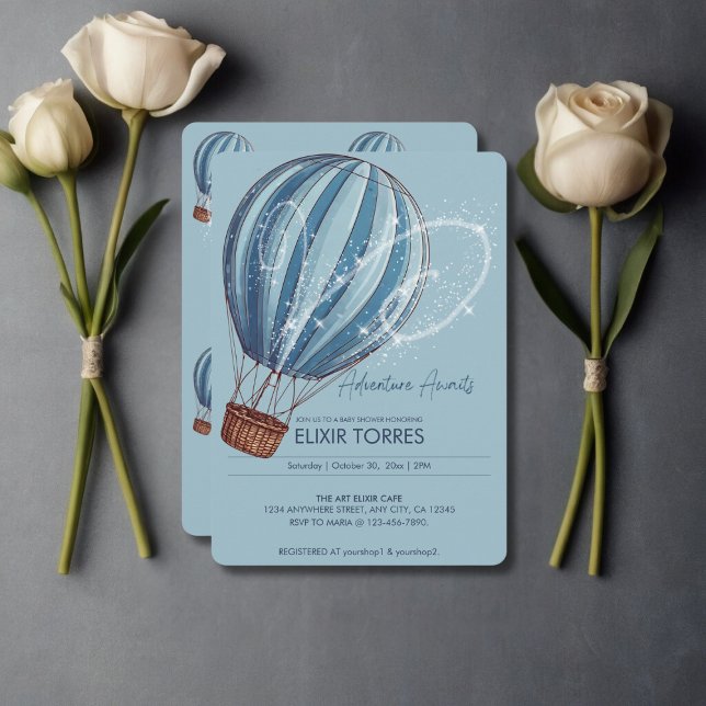 Adventure Awaits Blue Hot Air Balloon Baby Shower Invitation (Creator Uploaded)