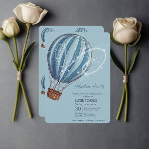 Adventure Awaits Blue Hot Air Balloon Baby Shower Invitation