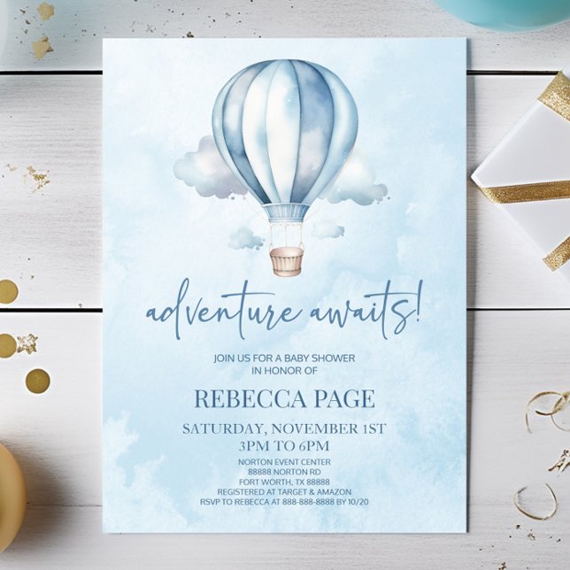 Adventure Awaits! Blue Hot Air Balloon Baby Shower Invitation (Creator Uploaded)