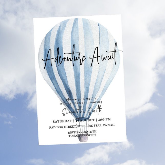 Adventure Awaits Blue Hot Air Balloon Baby Shower  Invitation (Creator Uploaded)