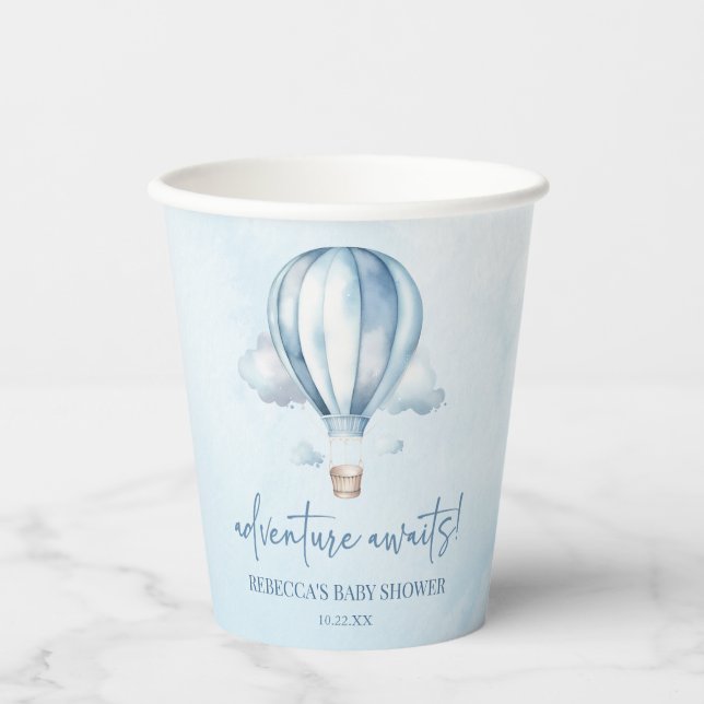 Adventure Awaits! Blue Hot Air Balloon Baby Shower Paper Cups (Front)