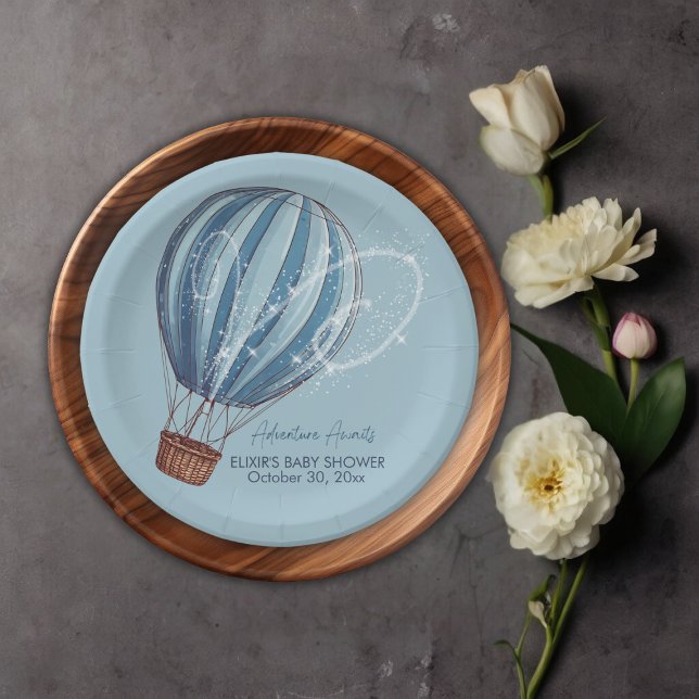 Adventure Awaits Blue Hot Air Balloon Baby Shower Paper Plate (Creator Uploaded)