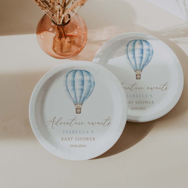 Adventure Awaits Blue Hot Air Balloon Baby Shower Paper Plate (Creator Uploaded)