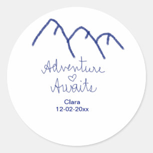 Adventure awaits blue mountain heart add name classic round sticker