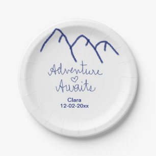 Adventure awaits blue mountain heart add name  paper plate