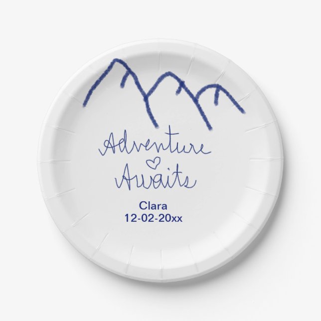 Adventure awaits blue mountain heart add name  paper plate (Front)
