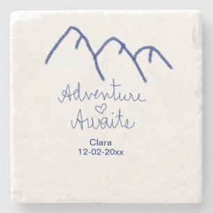 Adventure awaits blue mountain heart add name stone coaster