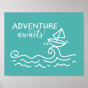 Adventure Awaits Blue Nautical Nursery Art Poster