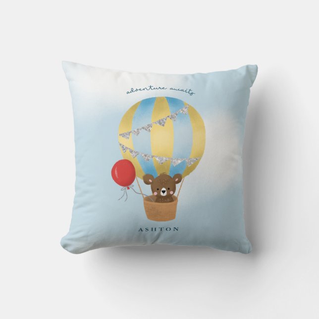 Adventure Awaits Blue Silver Hot Air Balloon Throw Pillow (Front)