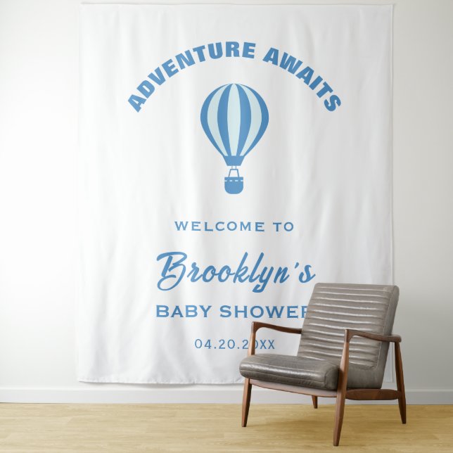 Adventure Awaits Blue White Baby Shower Backdrop Tapestry (In Situ)