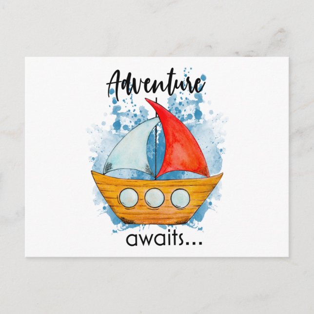 Adventure Awaits Boat Postcard (Front)