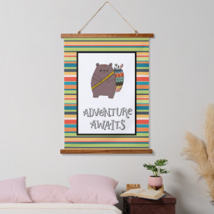 Adventure Awaits Boho Bear Nursery Art Hanging Tapestry
