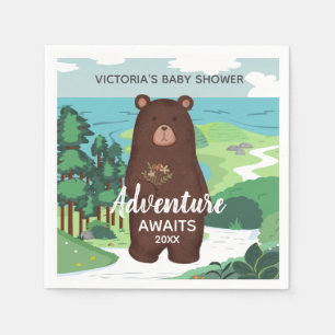 Adventure Awaits Brown Bear Landscape Baby Shower Napkin
