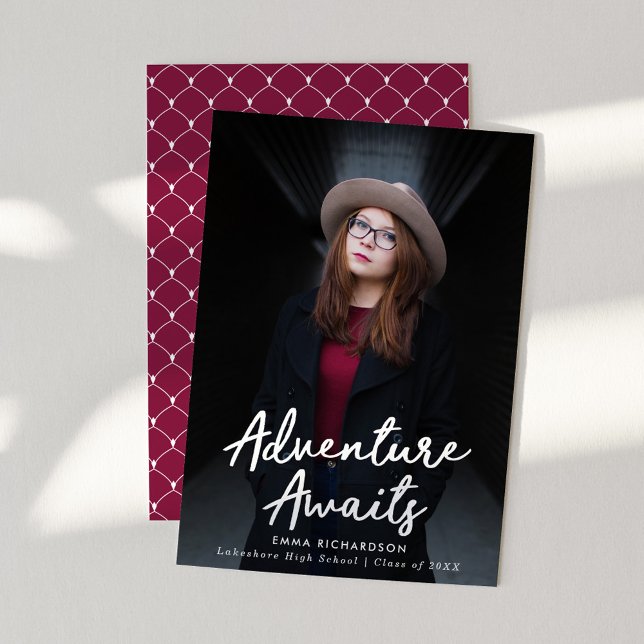Adventure Awaits Burgundy Photo Graduation Announcement (Creator Uploaded)