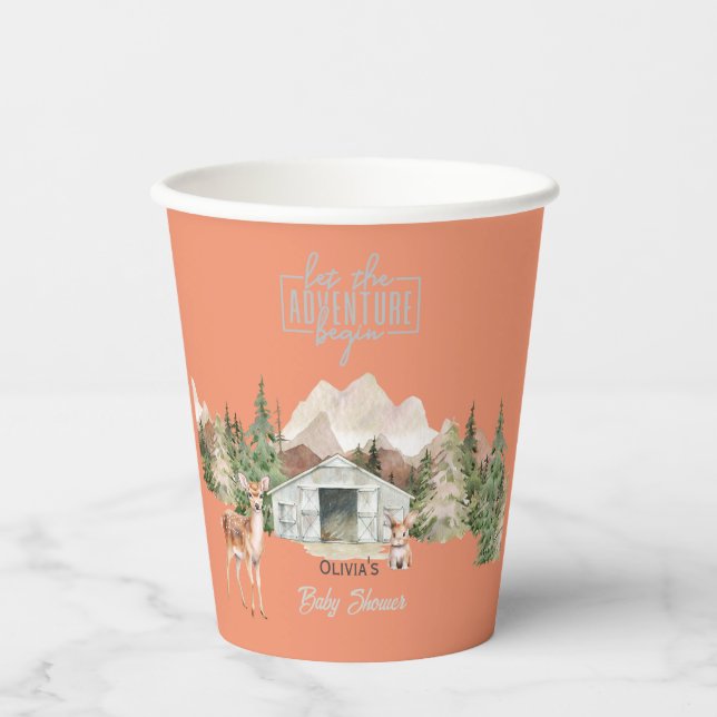 Adventure Awaits Burnt Orange Mountain Baby Shower Paper Cups (Front)