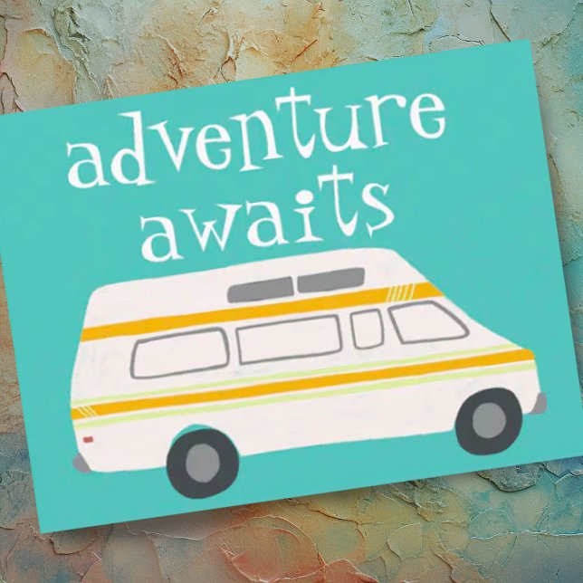 ADVENTURE AWAITS Camping Campervan RV Postcard (Cute vintage van illustration "adventure awaits". Customize with your own text too)