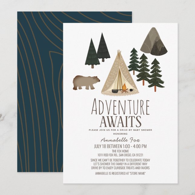 Adventure Awaits Camping Drive-by Baby Shower Invitation (Front/Back)
