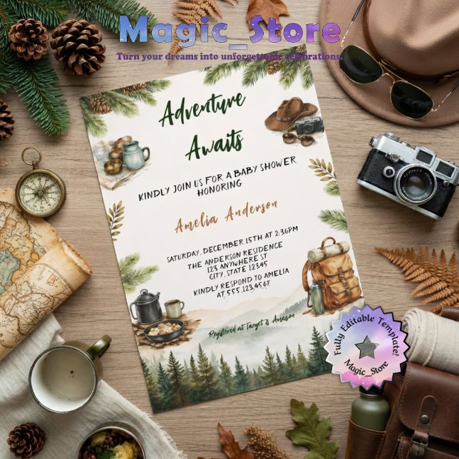 Adventure Awaits Camping Mountain Baby Shower Invitation (Creator Uploaded)
