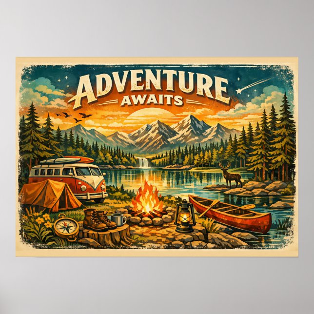 Adventure Awaits Camping Wilderness Vintage Poster (Front)