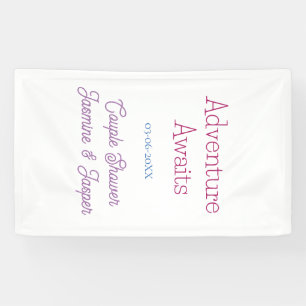 adventure awaits couple shower name date pink blue banner