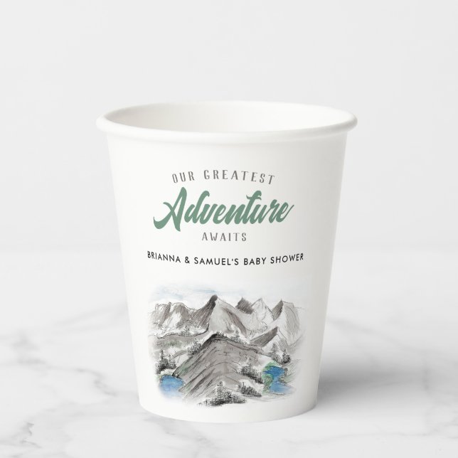 Adventure Awaits Couples Baby Shower Mountains Paper Cups (Front)