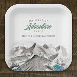 Adventure Awaits Couples Baby Shower Mountains Paper Plate<br><div class="desc">This couples baby shower paper plate offers a rustic mountain adventure theme showcasing a watercolor wilderness landscape of mountains,  ponds and pine trees. This is perfect for an outdoor event.</div>
