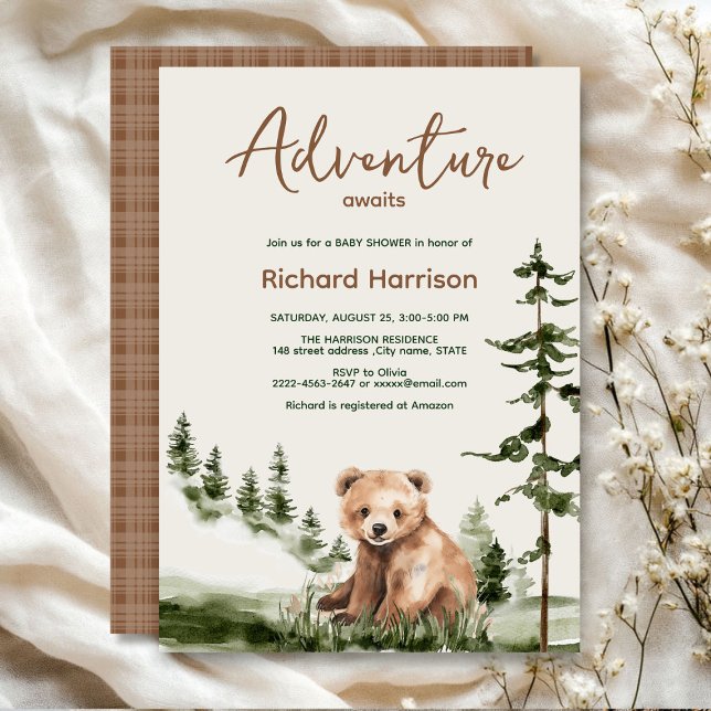 Adventure awaits cute forest bear baby shower invitation (Adventure awaits cute watercolor bear, green forest, woodland theme baby shower invitation )