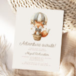 Adventure Awaits Cute Fox Balloon Baby Shower Postcard<br><div class="desc">This cute baby shower invitation postcard features a sweet watercolor fox in a striped hot air balloon,  above the words "Adventure awaits!" in taupe script. Personalize the text with the name of the mom-to-be in script and the details in sans serif font on a beige background.</div>