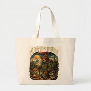 Adventure Awaits - Cute Hiking Bear Vintage Illust Large Tote Bag