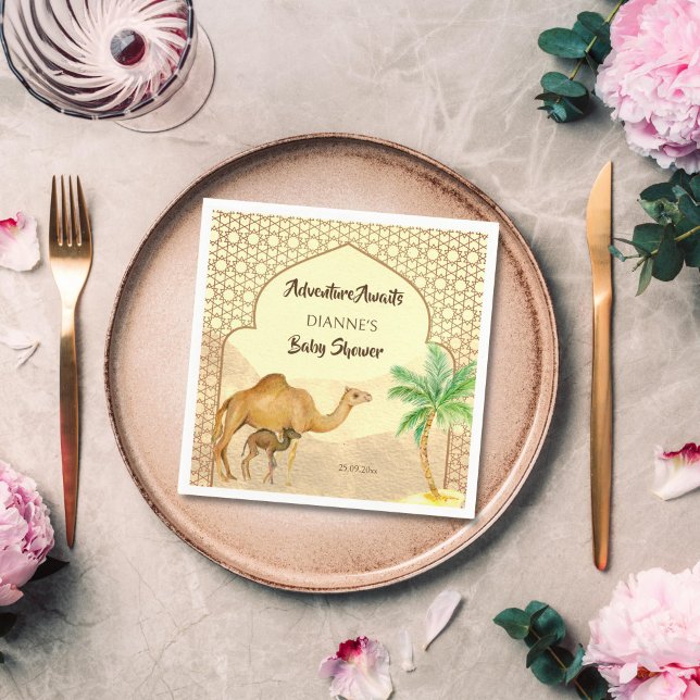 Adventure awaits desert baby camel baby shower  napkin (Adventure awaits Arabian desert expats cute baby camel baby shower monogram  printed napkins)