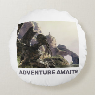 Adventure Awaits. Fantasy landscape Round Pillow
