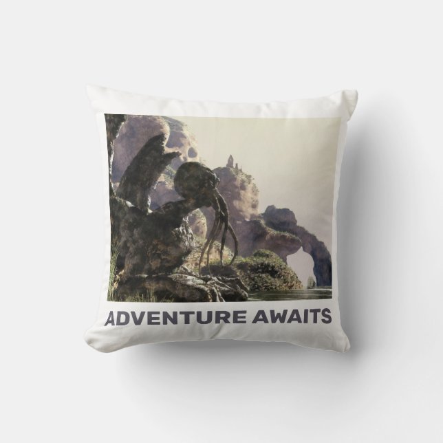 Adventure Awaits. Fantasy landscape Throw Pillow (Front)