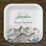 Adventure Awaits Forest Baby Shower Mountains Paper Plate<br><div class="desc">This baby shower paper plate offers an rustic mountain adventure theme showcasing a watercolor wilderness landscape of mountains,  ponds and pine trees. This is perfect for an outdoor event.</div>