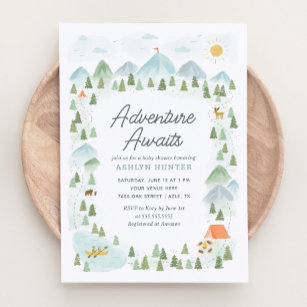 Adventure Awaits Forest Mountain Baby Shower Invitation