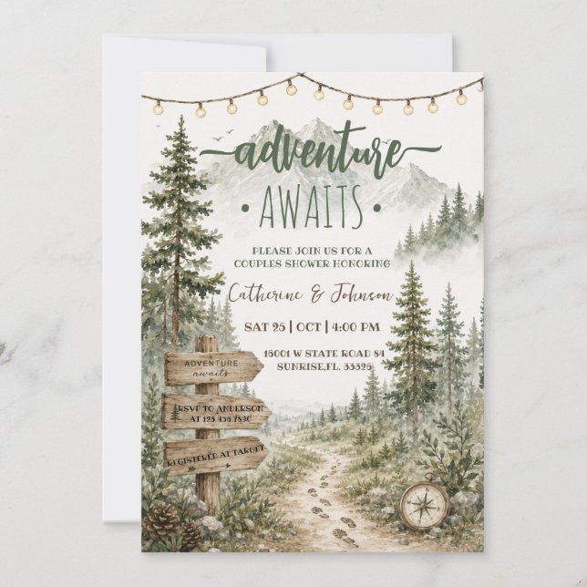Adventure Awaits Forest Mountains Couples Shower  Invitation (Front)