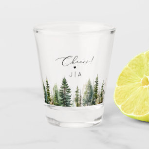 Adventure awaits forest pine trees wedding shot glass