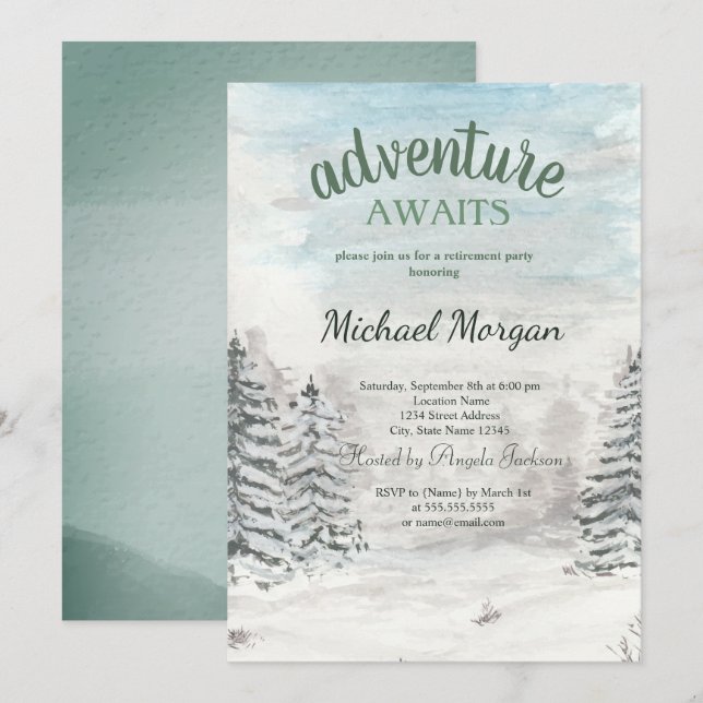 Adventure Awaits Forest Snow Retirement Invitation (Front/Back)