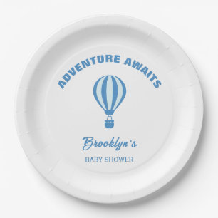 Adventure Awaits Fun Trendy Baby Shower Blue White Paper Plate