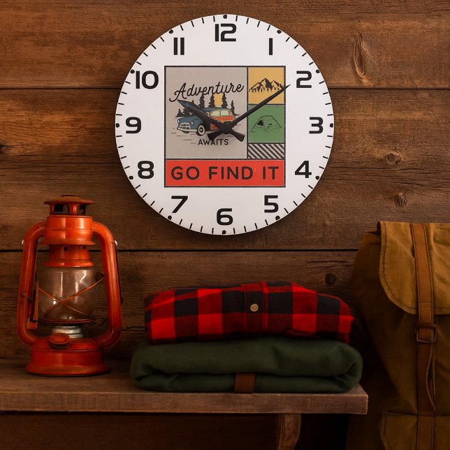 Adventure Awaits Go Find It Retro Camping Travel   Large Clock (Creator Uploaded)