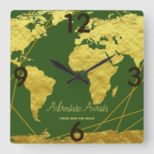 Adventure Awaits Gold World Map & Sage Square Wall Clock