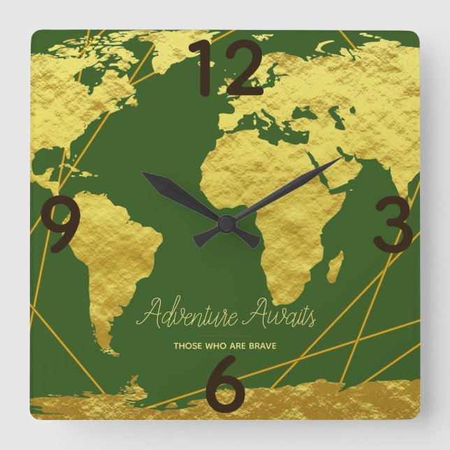 Adventure Awaits Gold World Map & Sage Square Wall Clock (Front)