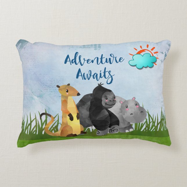 Adventure Awaits - Gorilla Hippo and Meerkat Accent Pillow (Front)