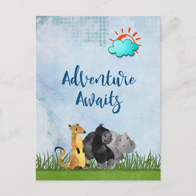 Adventure Awaits - Gorilla Hippo and Meerkat Postcard (Front)