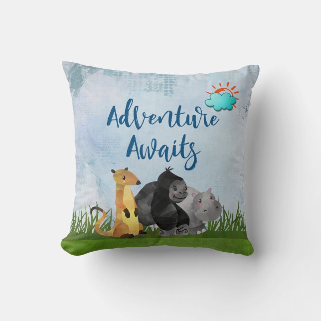 Adventure Awaits - Gorilla Hippo and Meerkat Throw Pillow (Front)