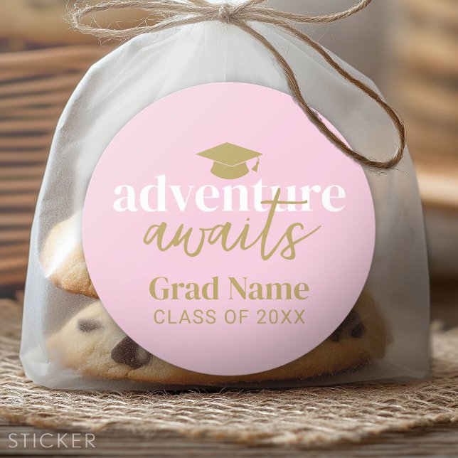 Adventure Awaits - Grad Name and Cap - Pink Gold Classic Round Sticker (Custom Graduation Sticker - Favor Stickers or Envelope Label)
