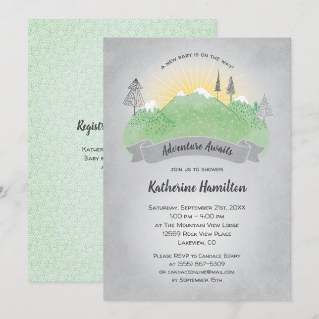 Adventure Awaits Green Mountains Baby Shower Invitation (Front/Back)