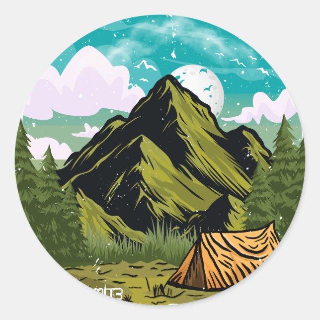 Adventure awaits, happy camper outdoor vacation classic round sticker (Front)